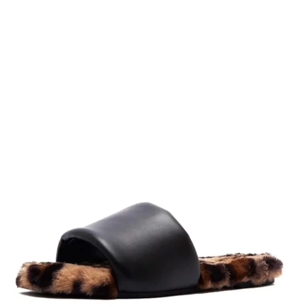 Black Pu Faux Fur Flat Slide Sandals - Picture 2 of 3